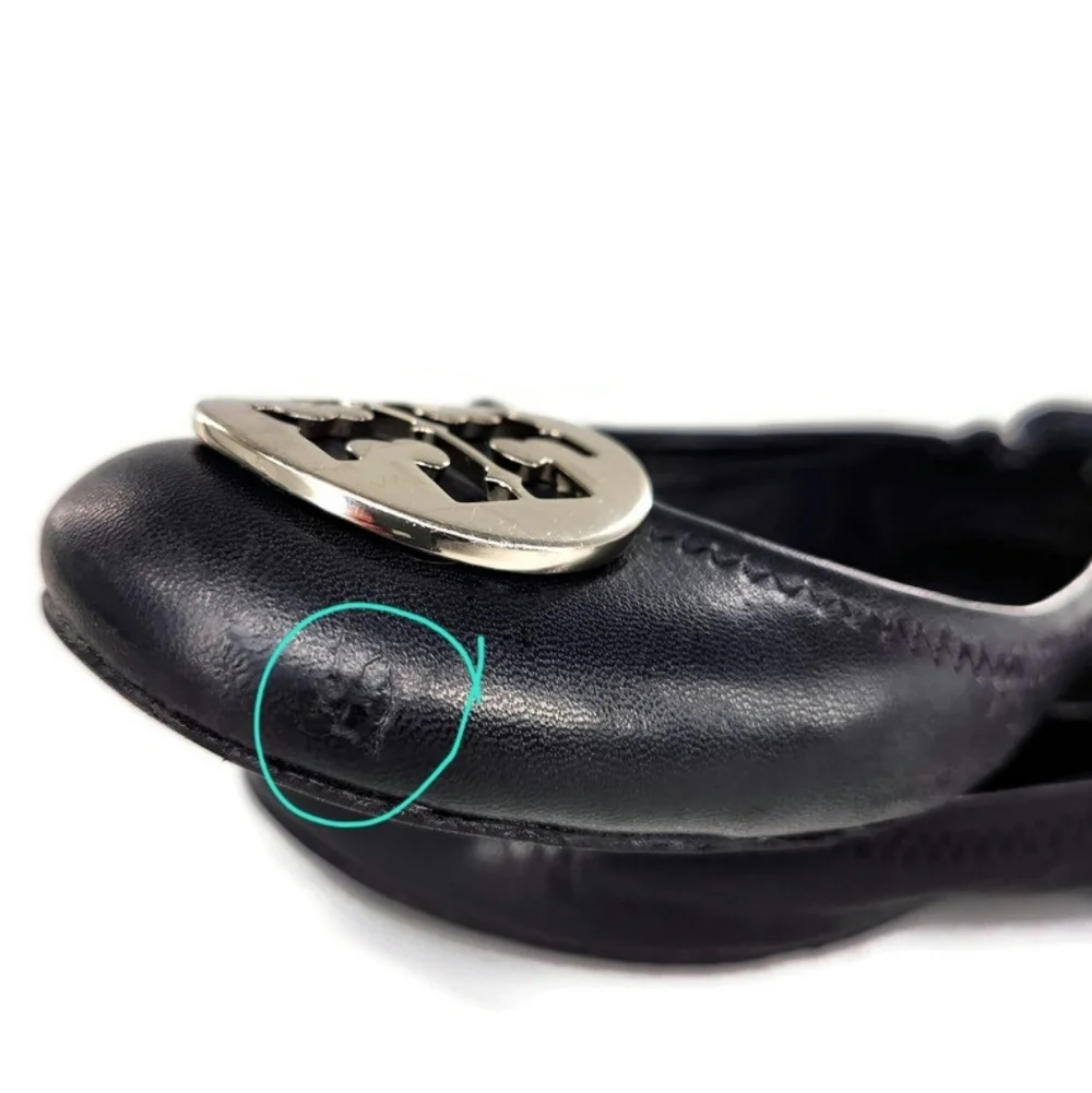 Tory Burch Reva Black Leather Silver-Tone Double-T Medallion Classic Ballet Flat